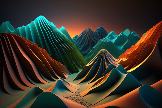 a group of mountains with a sunset in the background, desktopography b Generative AI