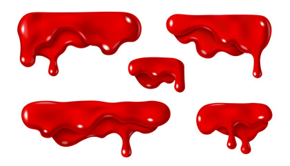 Dripping red blood drops or ketchup sauce design. Vector 3d liquid paint stain illustration. Realistic horizontal border.
