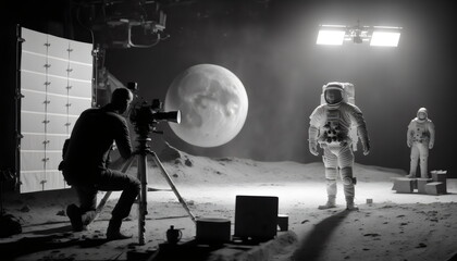 retcon image of men filming astronauts and moon landing in a studio, made with generative ai - obrazy, fototapety, plakaty