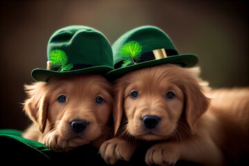 st patricks day dog - Golden Retriever Puppies - Generative AI illustration	
