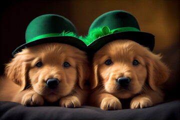 st patricks day dog - Golden Retriever Puppies - Generative AI illustration
