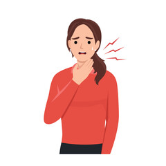 Fototapeta na wymiar Young female having sore throat symptom isolated on white background. Character for covid-19, cold and flu, Pharyngitis or tonsil inflammation symptom. Flat vector cartoon.