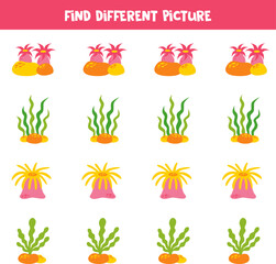 Find different sea weed in each row. Logical game for preschool kids.