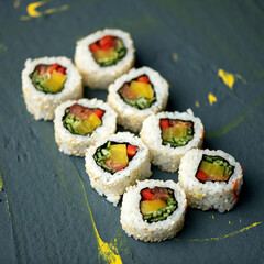 Sushi rolls with pepper, cucumber and tuna. Uramaki in sesame. Japanese food. Seafood dishes. Low calorie food. Fitness roll. Grey background. Top view. Copy space. Soft focus. 