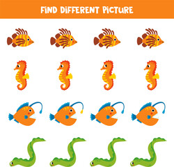 Find different sea animal in each row. Logical game for preschool kids.