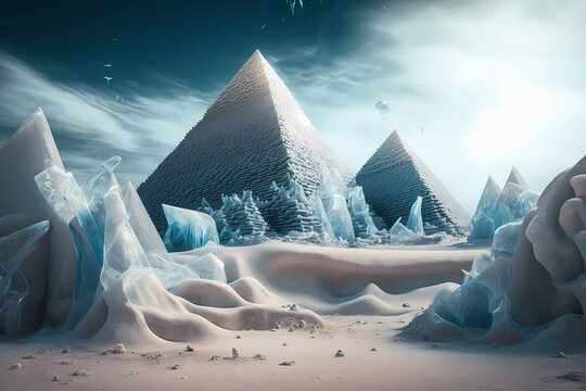 Frozen Egypt ancient pyramids in snow. Concept Global cooling, Winter in hot Country, ice age. Generation AI
