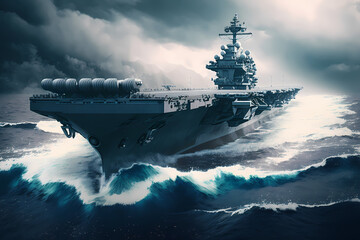 Military navy ship carrier in water. Warships set out on secret mission in ocean, menacing mood. Generation AI