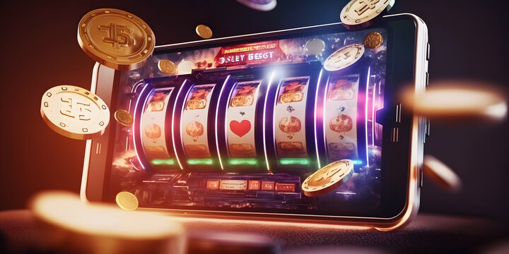 Casino banner slot machine with jackpot and golden coin. Generation AI