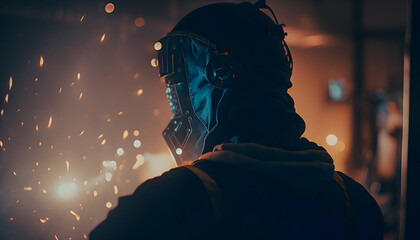 Worker welder with protective mask welding metal, sunlight spark hot metal. Industry weld factory. Generation AI