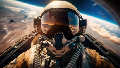 View from cockpit of fighter pilot leads air boat with enemy, sunlight. AI generation - obrazy, fototapety, plakaty