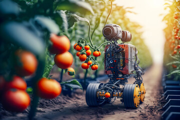 Industrial modern 4.0 greenhouse to grow tomatoes with robots drone. Concept technology innovations farming. Generation AI.