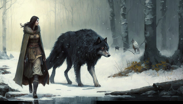 big wolf and a woman in the forest, AI, painting style illustration