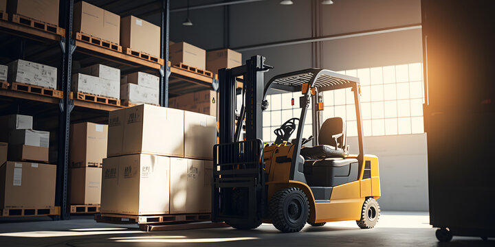 Forklift with box working in Warehouse industrial premises for storing materials and wood. Concept banner center of logistic storage. Generation AI