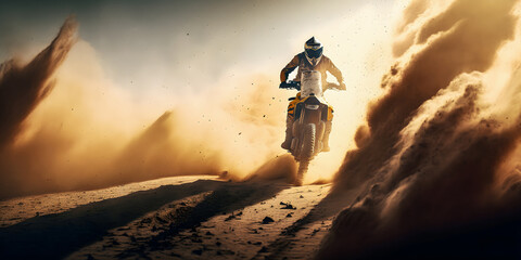 Banner Motocross sport extreme. Motocross rider in ride sand with dust. Generation AI