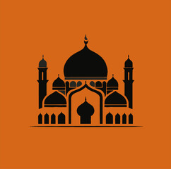 Vector illustration of a mosque and in a minimalist style. Perfect for Ramadan Kareem greeting design elements. Orange color background template, Ramadan theme.