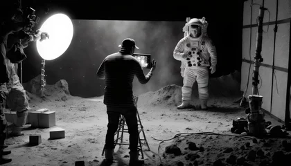 Fotobehang retcon image of men filming astronauts and moon landing in a studio, made with generative ai © Ricky