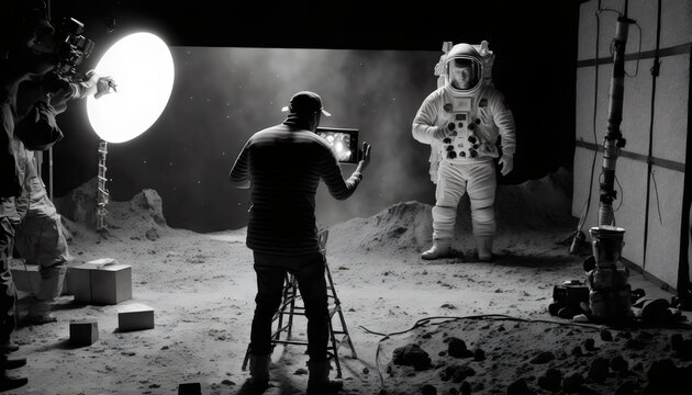 retcon image of men filming astronauts and moon landing in a studio, made with generative ai