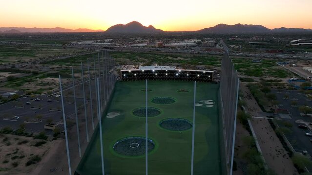 Drone shot of a high-tech driving range for the retired community in Phoenix, Arizona.