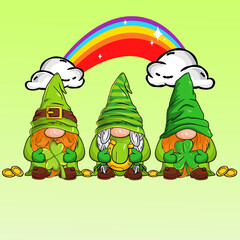 gnomes St Patrick's day , Set of vector illustrations , Vector illustration of Spring St Patrick’s Day Irish gnomes holding shamrocks or clovers , Vector illustration for Parick's Day