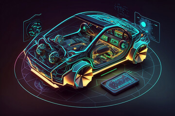 Concept of smart car technology. Car isometric hologram, in HUD style. Electric auto. Hologram car in low poly style. Futuristic car concept with dashboard speedometer, diagnostics. Generative AI.