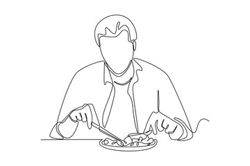 Single one line drawing businessman eating healthy lunch. Healthcare at office concept. Continuous line draw design graphic vector illustration.