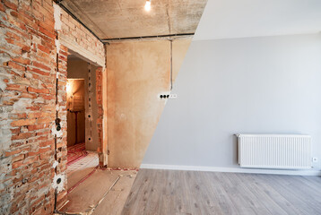 Comparison of apartment with central heating before and after restoration or refurbishment. Old...