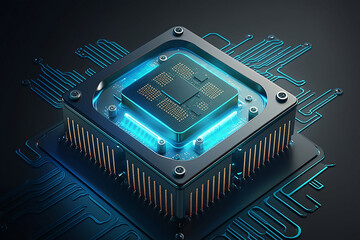 A microchip connects servers for the future. Technology is futuristic. Microchip circuit connecting the cloud. Generative AI.