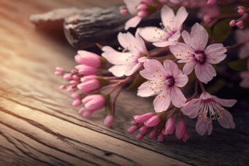Fototapeta na wymiar Pink cherry flowers against a soft wooden background