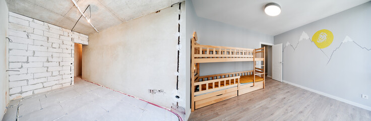 Comparison of children room with wooden bunk bed before and after restoration. Old apartment room with brick wall and new renovated flat with parquet floor and kid house bed. - obrazy, fototapety, plakaty
