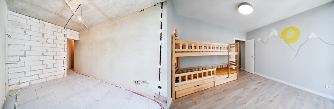 Comparison of children room with wooden bunk bed before and after restoration. Old apartment room with brick wall and new renovated flat with parquet floor and kid house bed.