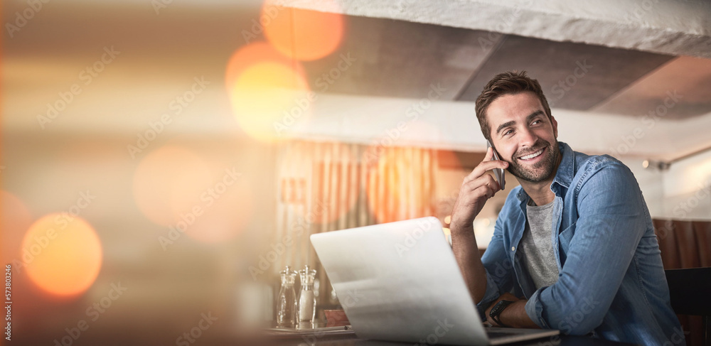 Poster phone call, laptop and man in coffee shop for remote work, client contact and online connection. com