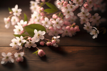 Obraz na płótnie Canvas Pink cherry flowers against a soft wooden background