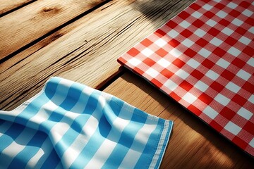 Wooden looking background. A red and white checked cloth covers a wooden table. Top down perspective. White tablecloth for use in food and recipe montage. There's room for your own words here