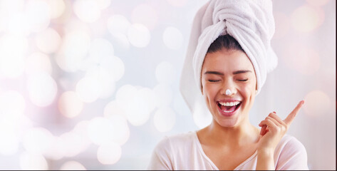 Woman, face cream and mockup banner, bokeh background and advertising skincare product for...