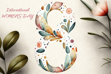 wallpaper with floral motifs, number 8, march. International women's day. Card, banner, March 8th, Generative IA