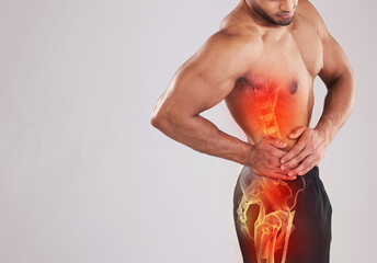 Mockup, health and man with pain, side and fitness with muscle tension, inflammation and broken...