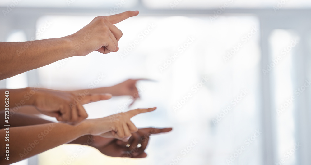 Poster Finger raise, group and office with space for mockup, pointing and teamwork for problem solving together. Hands, team and answer with solution, goals and motivation with mock up by blurred background