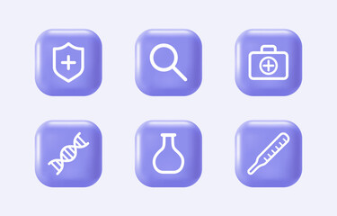 3d medical equipment icons on realistic violet buttons. Healthcare elements for mobile concepts and web apps. Modern infographic logo and pictogram collection. Vector cartoon illustration.