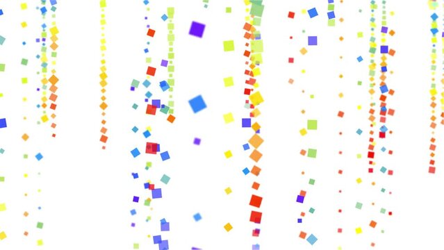 Abstract rain of multi-colored rhombuses on white background. Falling down bright colored particles.