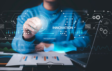 Innovation with Graphical User Interface and big data Concept, businessman using a laptop with...
