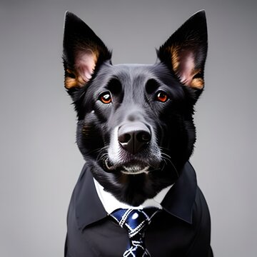 Portrait of a dog dressed in a black formal business suit. made with generative ai