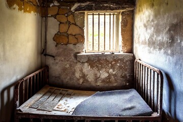ancient prison cell with a window and a bed (AI Generated)