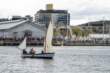 tall ships sailing, tall wooden ships on the water. at the wooden boat festival hobart