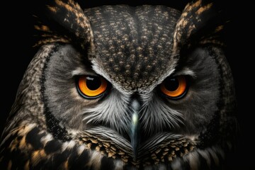 Beautiful owl's face captured in high resolution photography. image of owl on a dark background. Halloween owl with a grisly face. Generative AI