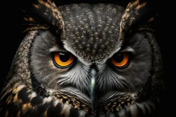 Wall murals Owl Cartoons Beautiful owl's face captured in high resolution photography. image of owl on a dark background. Halloween owl with a grisly face. Generative AI