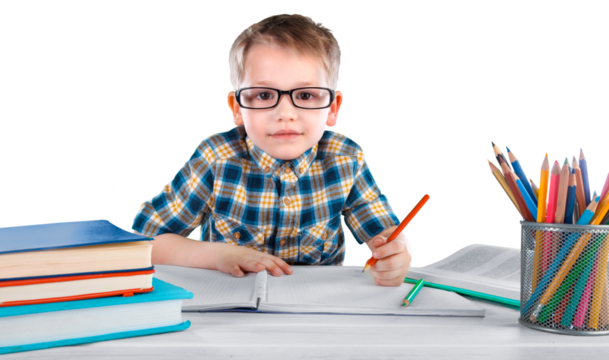 Happy child writing in a notebook in the classroom - Powered by Adobe