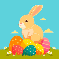 Cute Easter bunny with colored eggs on the grass against a blue sky background. Colorful vector illustration