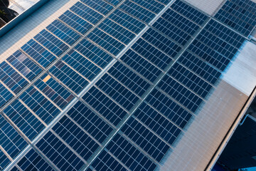 Solar photovoltaic rows array of roof mount system Installation. Solar power plant for producing alternative energy for sustainable development. renewable energy, roof plan