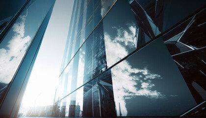 Fototapeta na wymiar Skyscraper in the city, reflection of clouds and sky on glass office building. Generative AI
