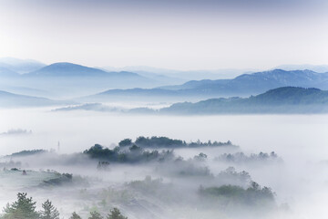 spring scenery,morning foggy landscape in northeastern Bosnia